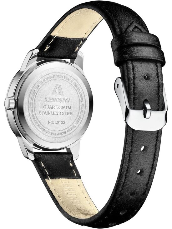 Women\'s Silver Black Leather Strap Analog Quartz Luminous Dial Waterproof Watch main image 2